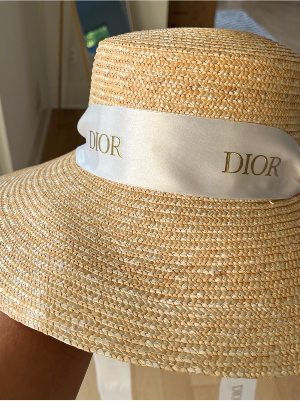 Natural Straw Wide-Brim Hat with real Dior White Logo Ribbon